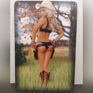 Cowboy pinup Girl Metal Plaque  Inch Tin Sign Home Bar Club Art Booty Butt Sexy